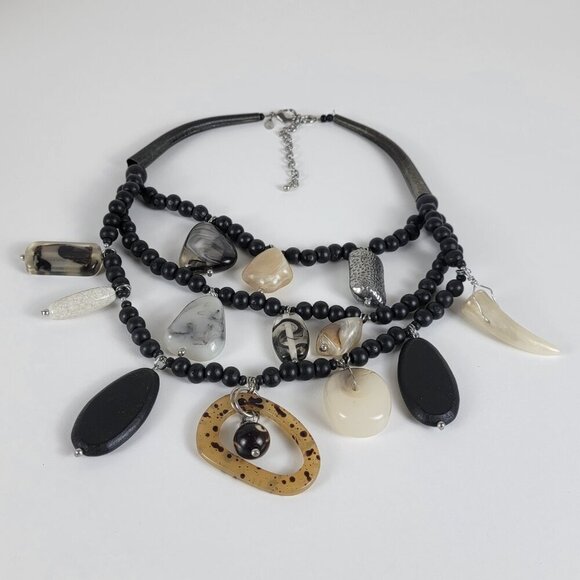 Chico's Tribal Statement Bib Necklace 22 In Black And Earth Tone Layered BOHO - Picture 2 of 12